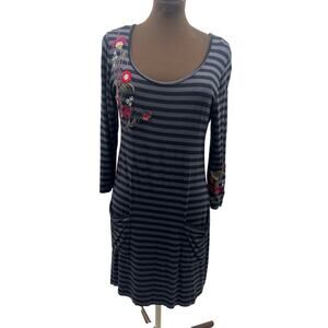 Caite Women's Long Sleeve Striped Floral Pockets Shift Dress Size M Boho